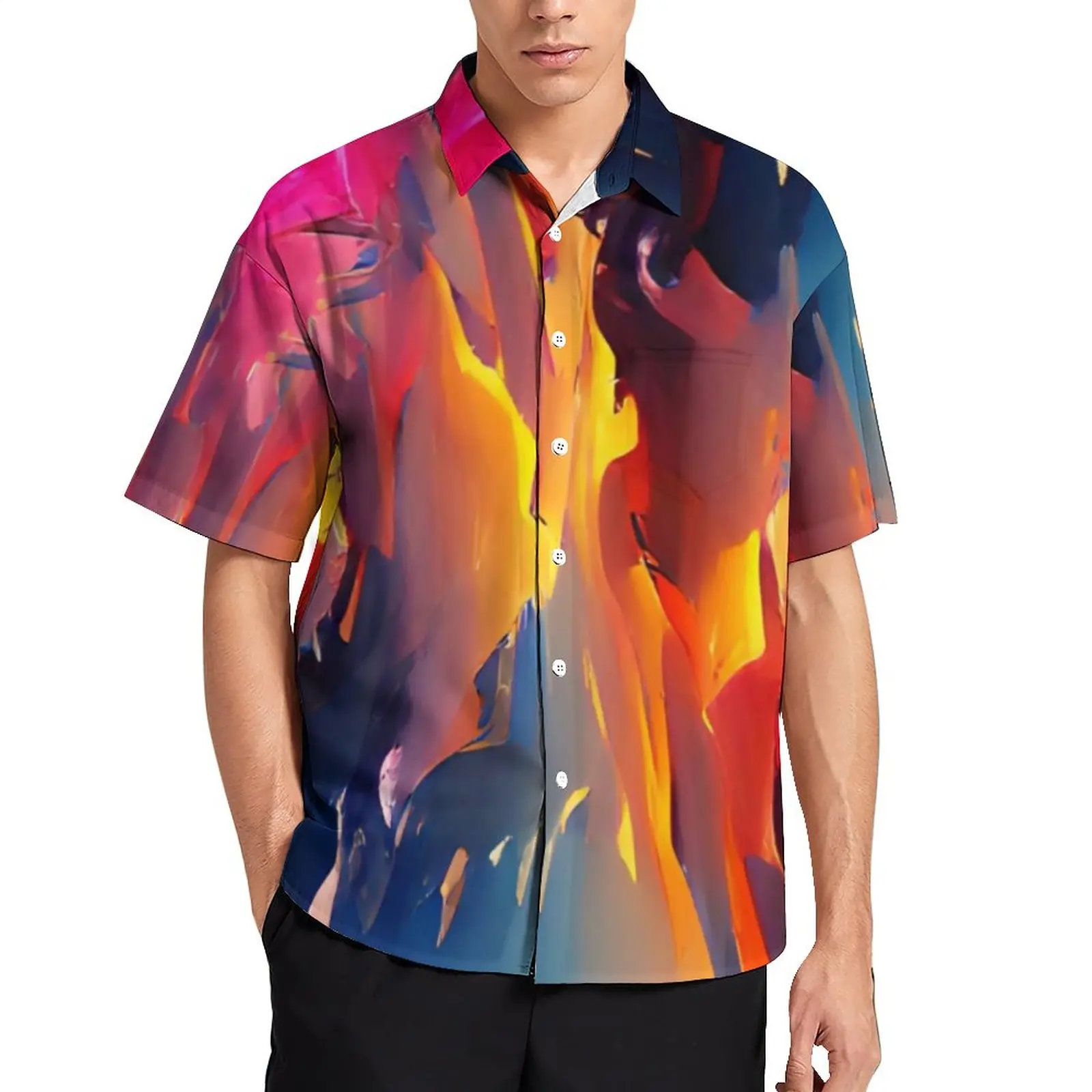 

Черная Свободная Рубашка С закатом, мужские повседневные рубашки для отпуска с абстрактным принтом, гавайская графика, с коротким рукавом, Y2K блузки оверсайз