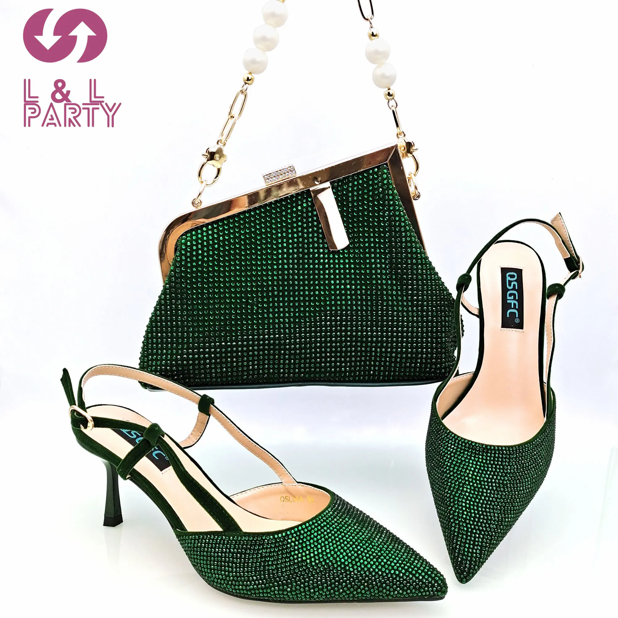 

SweetStyle New Arrivals Italian Women Shoes Matching Bag Set with Shinning Crystal with Thin Heels for Garden Party in Green