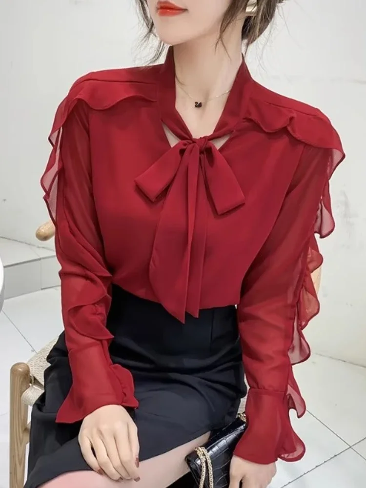 Элегантная шифоновая рубашка с бантом Женская офисная одежда осенняя модная