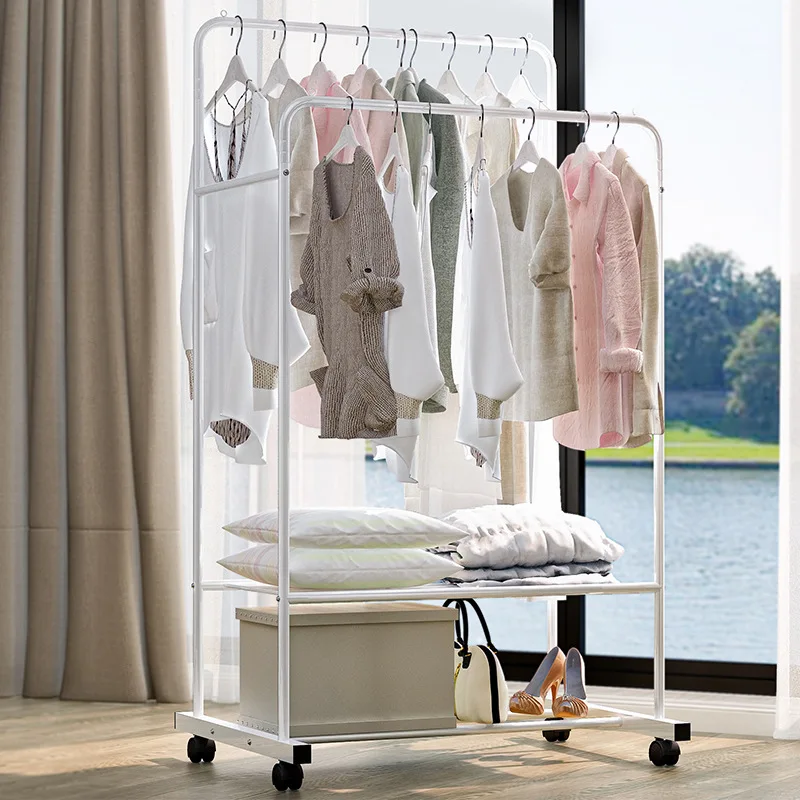 

Simple Sturdy Metal Houseware Double Rod Portable Clothing Hanging Garment Storage Rack with Bottom Shelves Dormitory White
