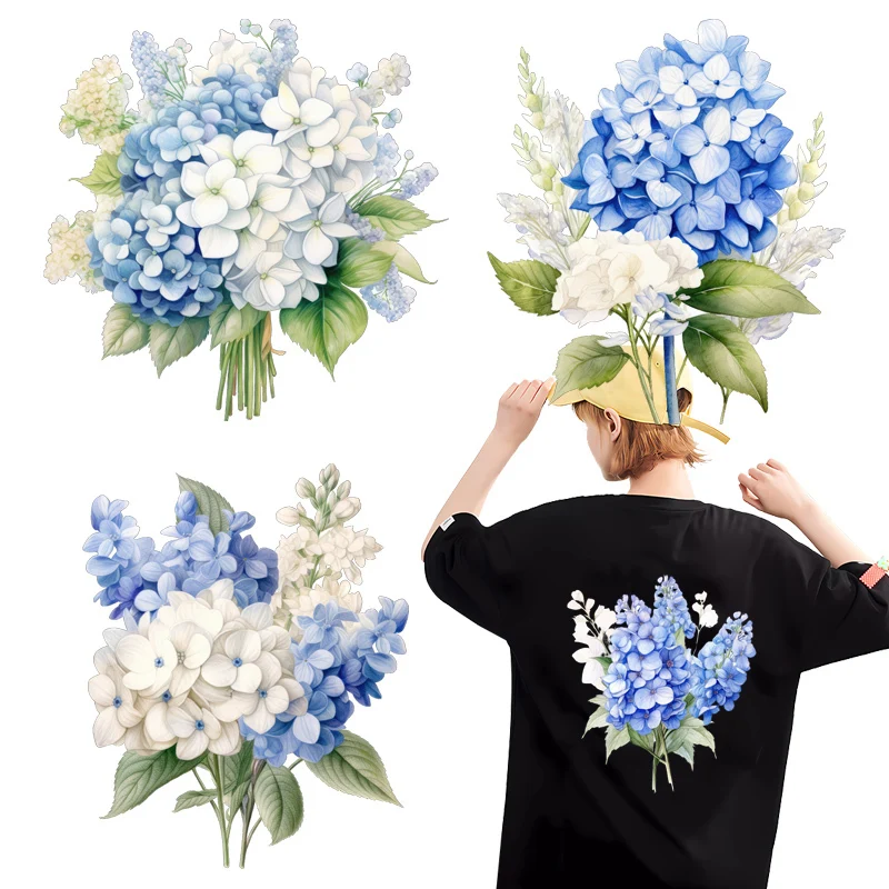 Модные освежающие синие цветы гортензии теплопередающая печать нашивка для