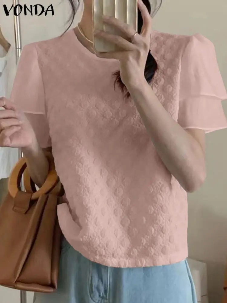 

VONDA Fashion Short Sleeve Lace Patchwork Shirts Women Elegant Solid Color Blouse 2023 Female Office Lady Blouse Oversized Blusa