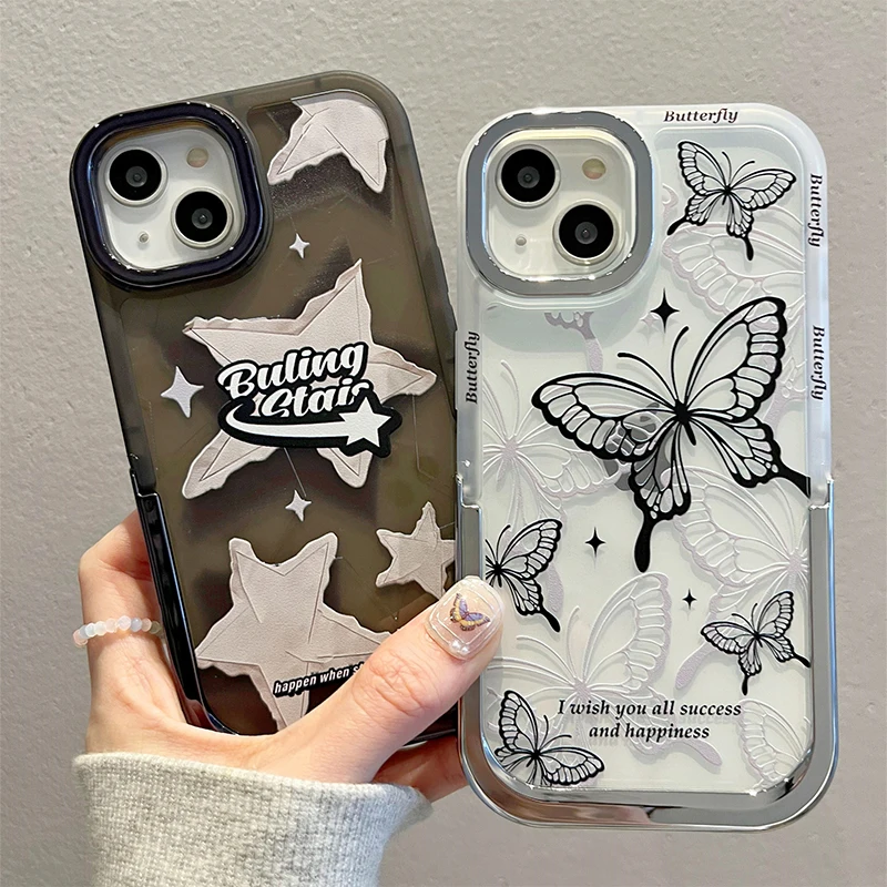 

Ins Stars Butterfly Clear Holder Stand Case For iPhone 13 14 11 12 Pro Max Cute Invisible Bracket Shockproof Bumper Cover