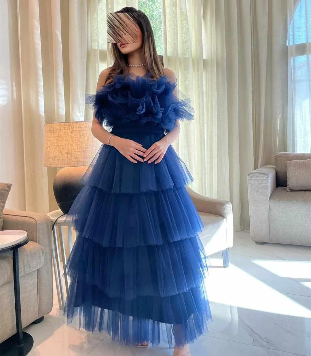 

Ruffles Strapless Prom Dresses Dubai Women Saudi Arabia Tiered Tulle Long Elegant Party Evening A Line Robes De Soiree Vestidos