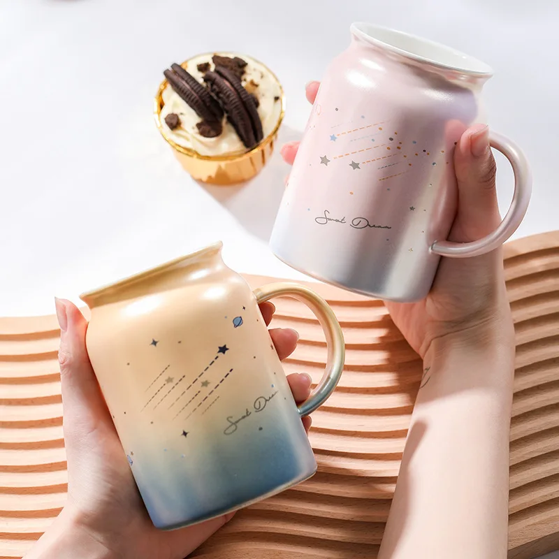 

Ceramic Pearlescent Gradient Coffee Mugs with Lid Spoon Water Cup Tea Milk Breakfast Mug Oatmeal Yogurt Cup Creative Drinkware