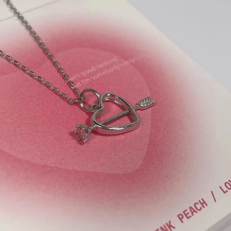 2022 New Love Pink Necklace Female Light Luxury Inlaid One Arrow Through The Heart Clavicle Chain Tanabata Gift images - 6