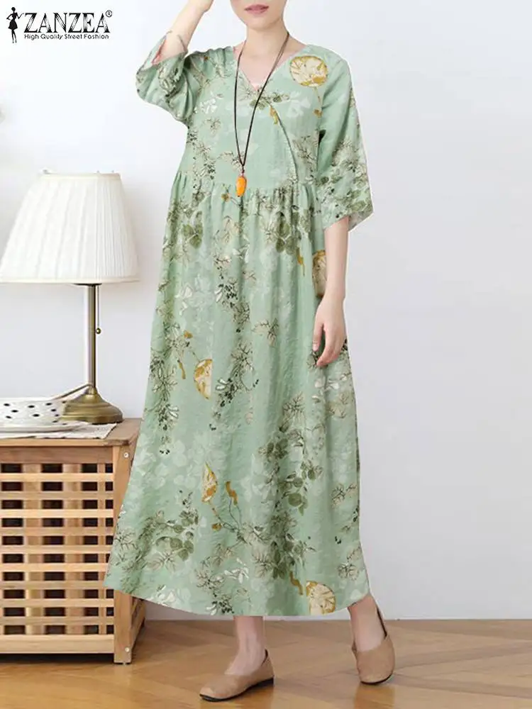 

ZANZEA Women V Neck Dresses Fashion 3/4 Sleeve Dress Bohemian Floral Printed Long Vestidos Vintage 2022 Pocket Belted Maxi Robes