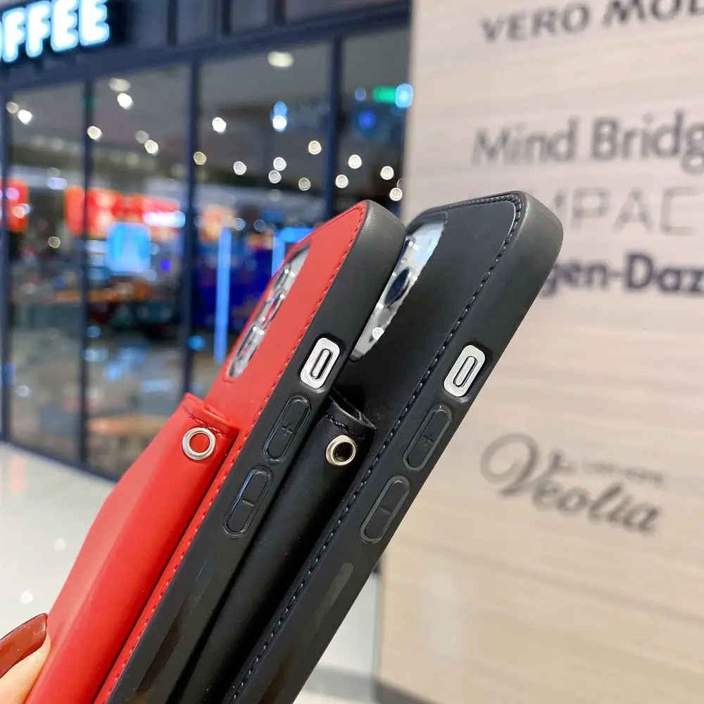 Phone Case with Card Holder for iPhone 14 13 12 Mini SE2 11 Pro Max XR XS 7 8Plus TPU Shockproof Back Cover Leather Lanyard Etui