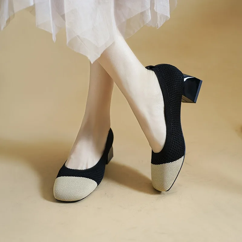 Женская Весенняя обувь новинка модные вязаные дышащие туфли на высоком каблуке с