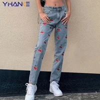 cute womens jeans y2k high waist cherry embroidered straight denim pants mom jean new fashion skinny denim trousers grunge