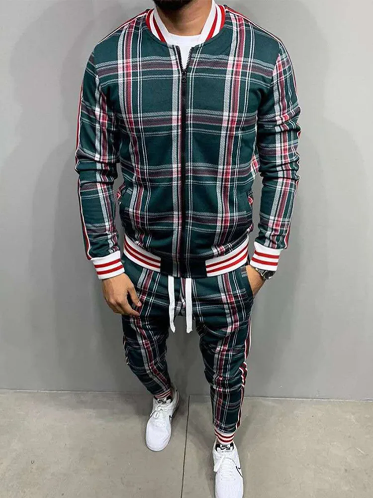 

New Zipper Set Colorful Plaid Men Casual Autumn Tracksuit Set Male Sweatshirt Pocket Fashion Jackets Men Tracksuit Sets Mens set