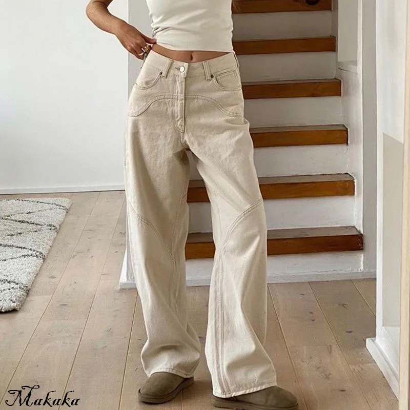 

Makaka- Beige Jeans Baggy Women Casual Denim Trousers Vintage High Waist Wide Leg Pants Classic Streetwear Fashion Ladies