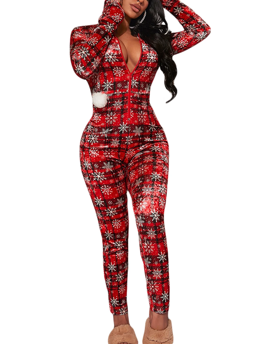 

Sexy Womens Jumpsuit Long Sleeve V Neck Bodycon Printed Romper Christmas Bodysuit Pajamas Sleepwear