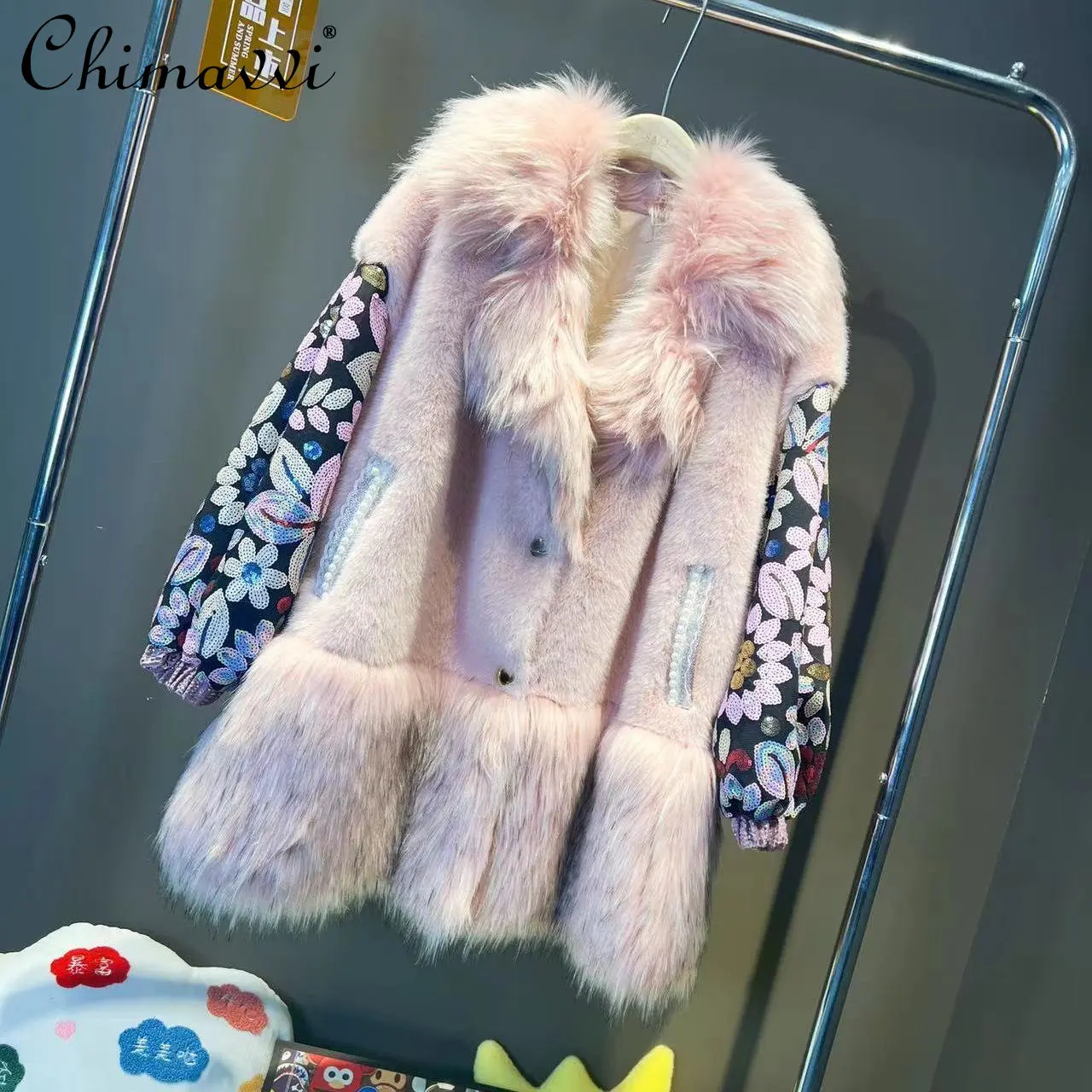 European 2022 Winter New Fashion Double-faced Fur Stitching Mink Fur Coat Heavy Sequins Long Sleeve Loose Temperament Fur Jacket