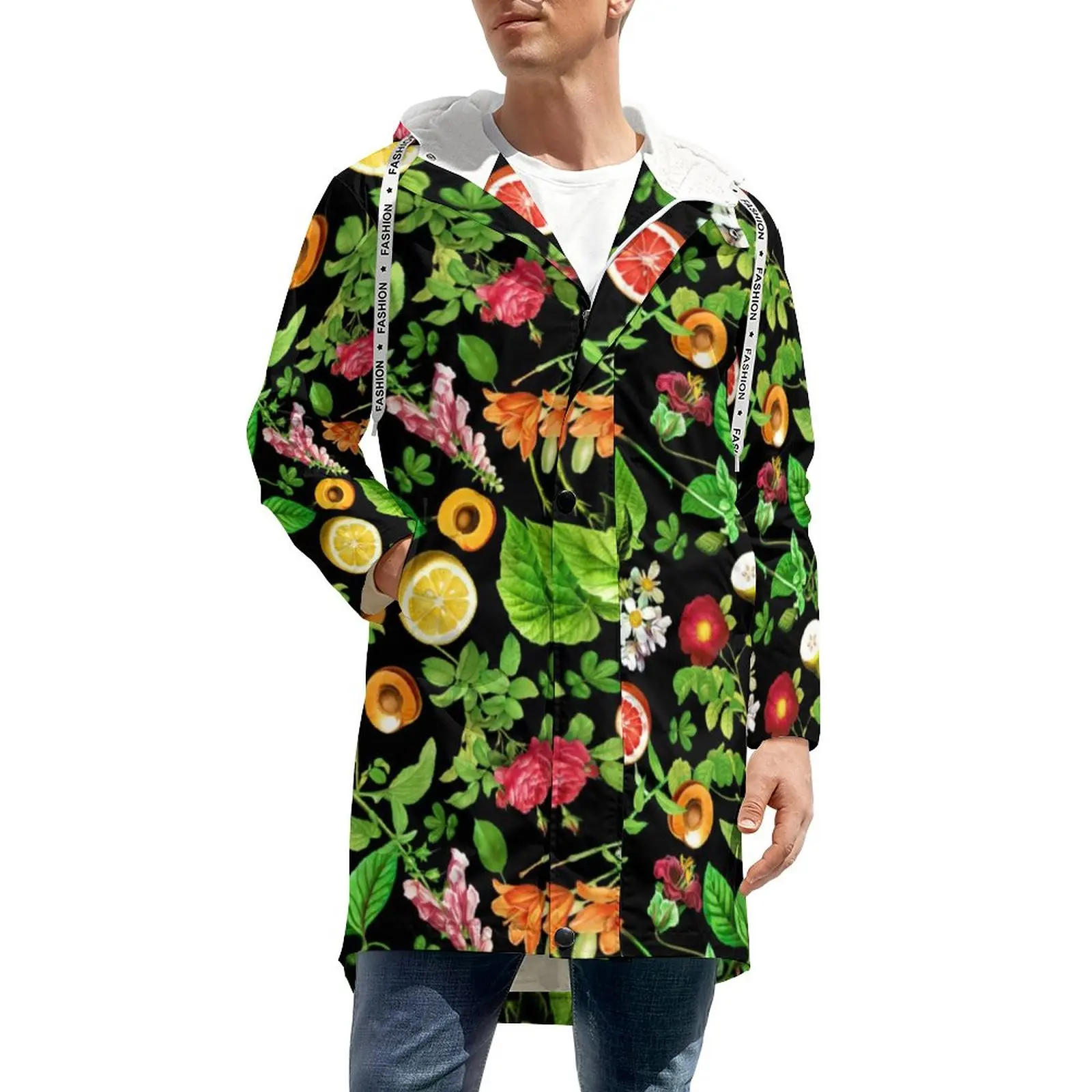 

Colorful Fruit Print Windbreak Mens Green Leaves Outdoor Thick Coats Kawaii Graphic Winter Jackets Casual With Pockets Plus Size