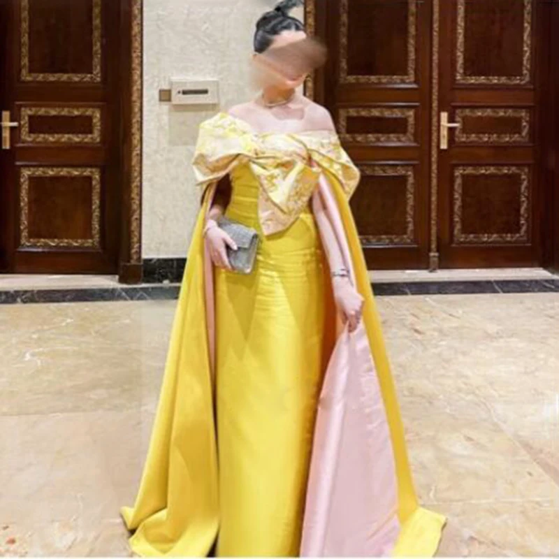 

Saudi Arabia Yellow Off The Shoulder Evening Gowns Dubai Cape Style Satin A Line Prom Dresses Women Party Dress Robe De Soiree