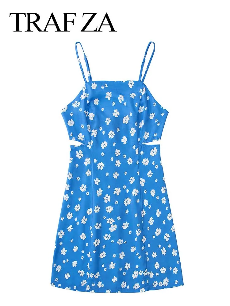 

TRAF ZA Summer New Blue Floral Print Sling Cute Lady Dress Upper Body Side Split Design Elements Slim Retro Mini Women's Dress