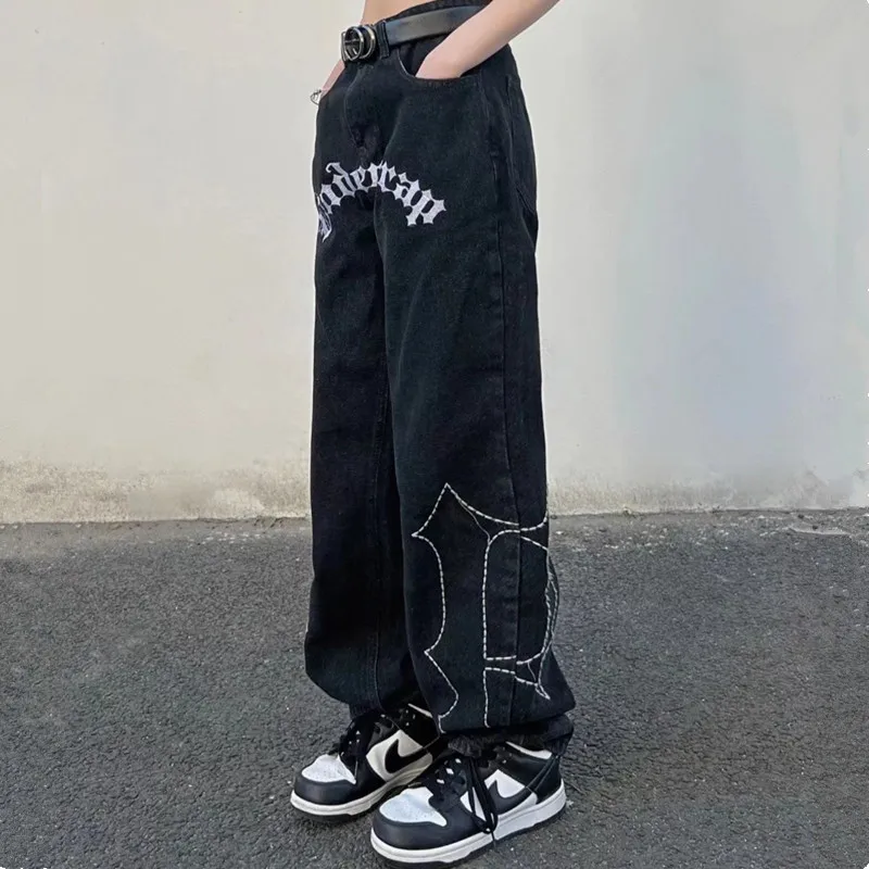 2022 High Street Letter Embroidery Black Oversize Men Hip Hop Jeans Trousers Harajuku Straight Women Baggy Vintage Denim Pants