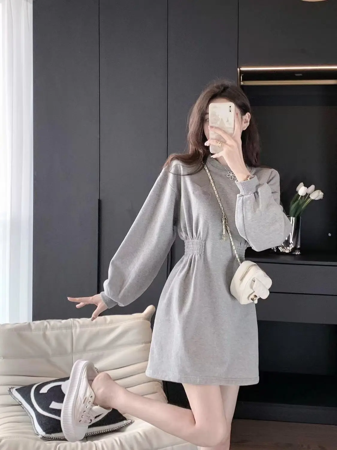 

2023 New Autumn Winter Women Korean Solid Dress Fashion Casual Pullover Long-Sleeved Silm Fit A Line Dresses Outwear Tops D106
