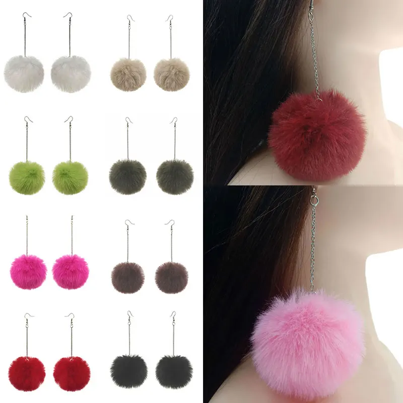 

New Big Pompom Drop Earrings Soft Rabbit Fur Ball Pendant Long Dangle Earring for Women Girl Party Gift Jewelry Accessory Trendy