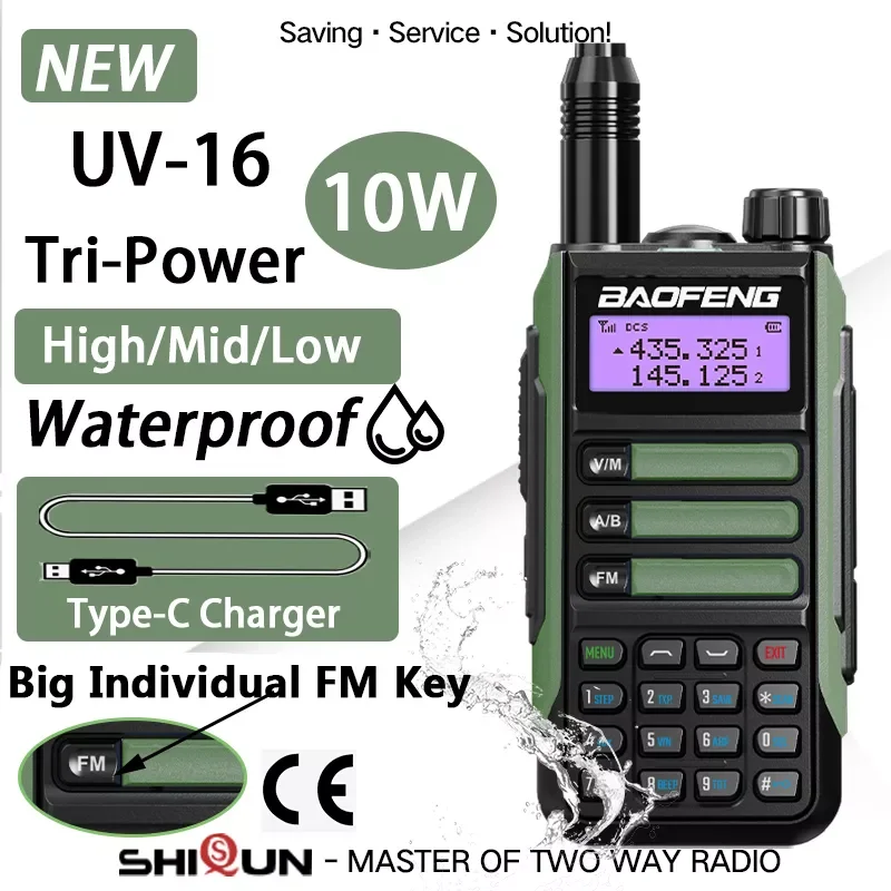 

NEW UV16 Pro Walkie Talkie Professional UV16 V2 Plus 10W Powerful Waterproof VHF UHF Dual Band Two Way Radio USB-C Charger