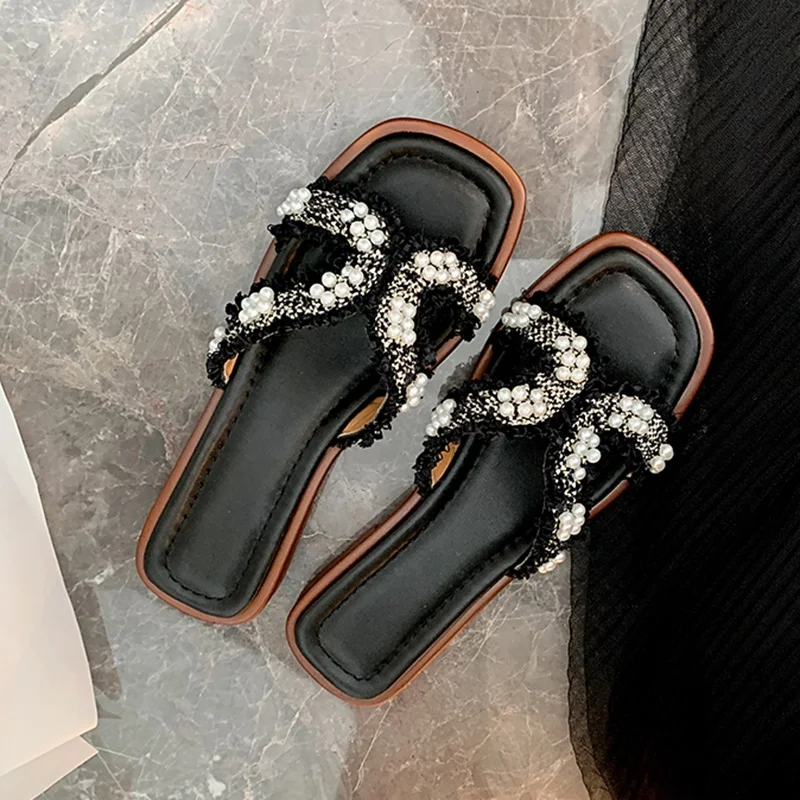 

Женские сандалии на плоской подошве, роскошные дизайнерские шлепанцы, повседневные уличные тапочки, цвет черный, лето