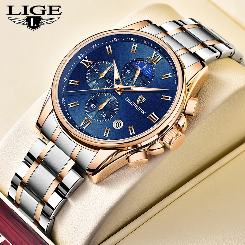 

LIGE Luxury Fashion Original Men Sports Wrist Watch Rose Gold Quartz Steel Waterproof Military Clock Watches Relogio Masculino