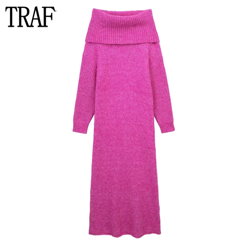 

TRAF Pink Sweater Dress Woman Turtleneck Long Dress Women Winter Knitted Dresses for Women Long Sleeve Wrap Midi Dress Women