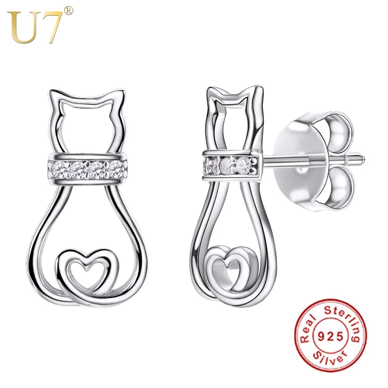 

U7 925 Sterling Silver Cat Cute Stud Earrings Glittering Heart CZ Brincos Bridesmaid/Mother's Day Gift Women Jewelry S101
