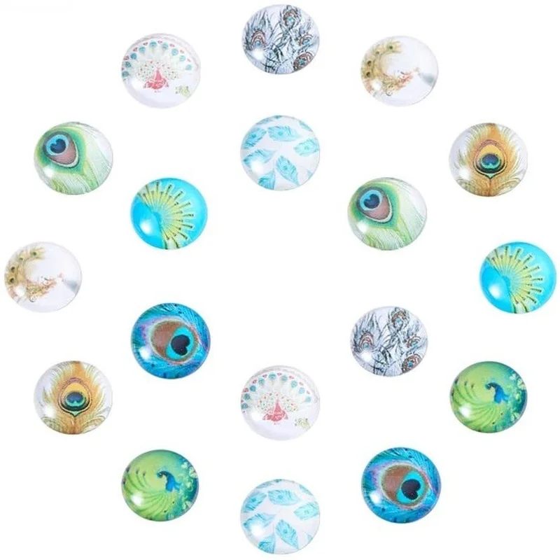 

200PCS 12mm Random Mixed Color Feather Pattern Glass Dome Cabochons Half Round Cabochons Tiles for Photo Pendant Jewelry Making