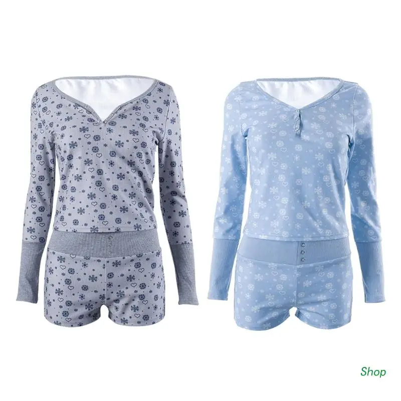 

L5YC Womens V-Neck Button Long Sleeve Top and Shorts Waffle-Knit 2 Piece Pajamas Set