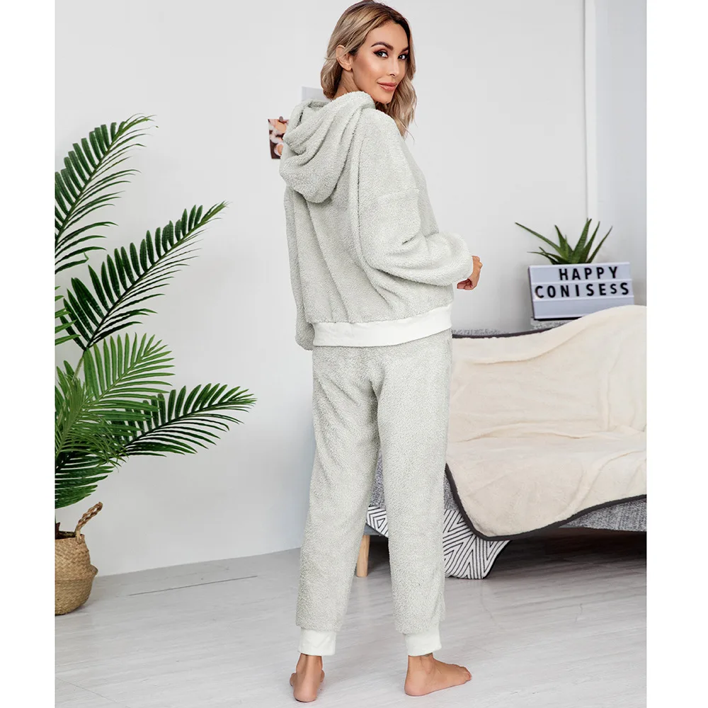 Women Loungewear Double Sided Flannel Hooded Sleepwear Casual Pajamas Kawaii Pijama Ladies Set with Pants Cute Pyjamas Halloween