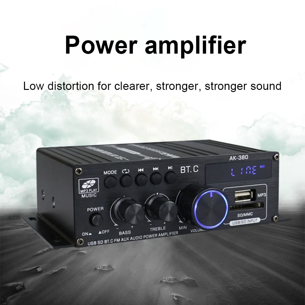 

AK380 Bluetooth-Compatible Amplifier 2 Channel Power Amplifier 12V HIFI Bass 40W+40W Music Player USB AUX Karaoke for Home Car