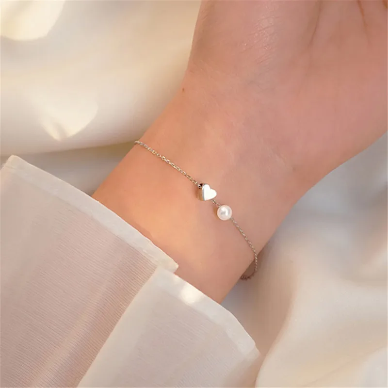 

925 Sterling Silver Pearl Love Heart Charm Bracelets For Women Wedding Valentines Gift Party Jewelry Pulseras sl451