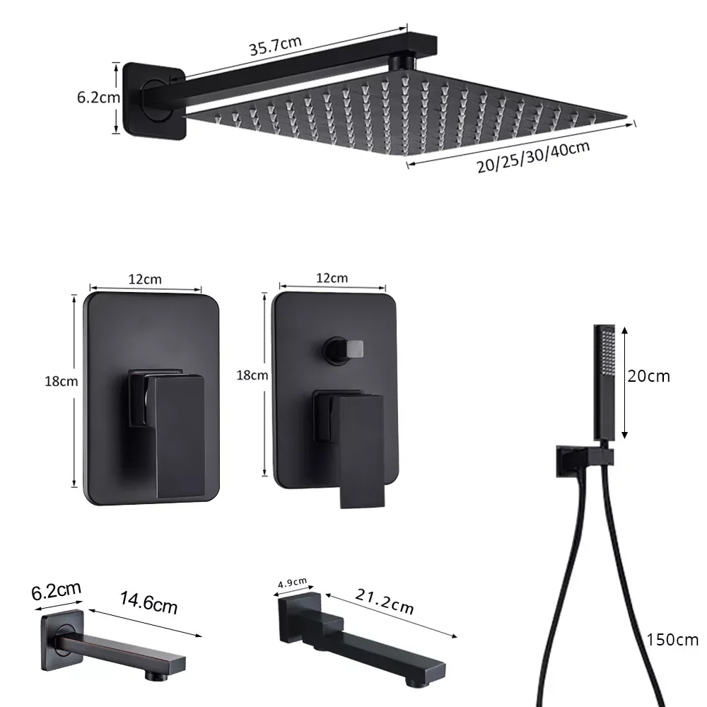 

Black Shower Set Wall Mounted Shower Faucet Mixer 8/10/12/16 inch Rainfall Bathroom Shower Tap with Handshower Rotate Bath Spout