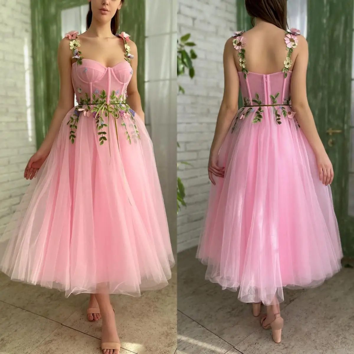 

14915 # IENA розовые тюлевые трапециевидные миди-платья для выпускного вечера милое платье с цветочной аппликацией длиной ниже колена Свадебные вечерние платья для выпускного вечера