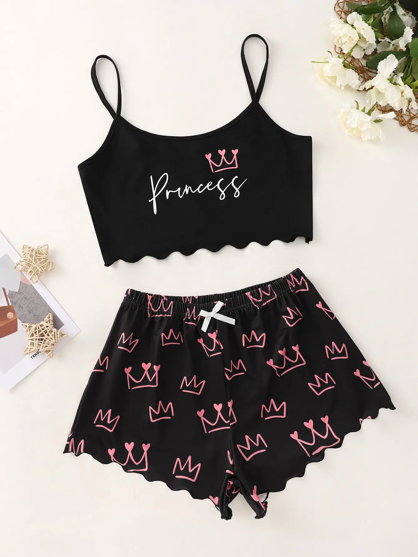 New Alphabet Crown Pattern Printed Bow Decoration Home Clothes Pajamas Set Fashion Sexy Home Women's Underwear Pajamas Set