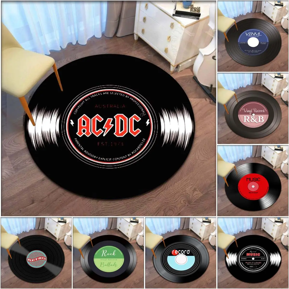 

JBTP New Record Music CD Pattern Carpet Retro Round Floor Mat Living Room Bedroom Decorative Floor Mat Leisure Floor Mat Mode