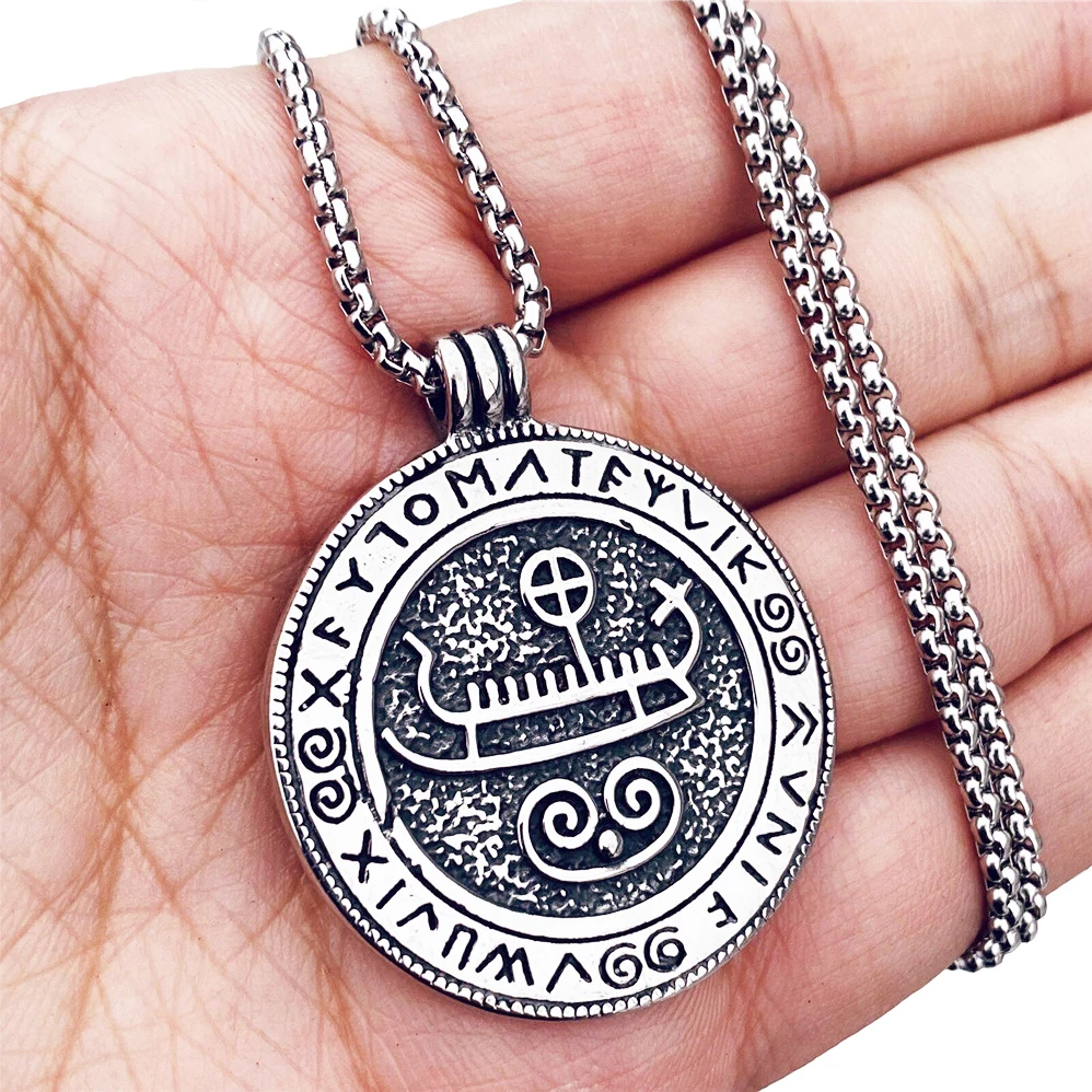 

Mens Stainless Steel Double Sided Viking Ship Rune Pendant Necklace Chain