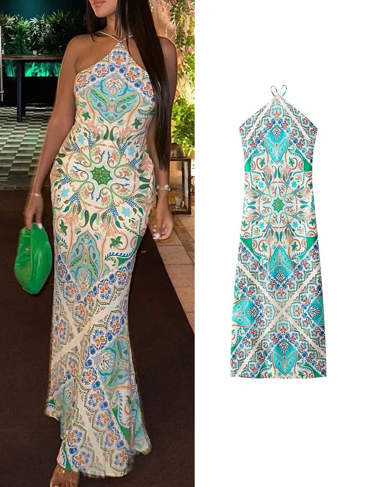 

TRAF New Elegant Women Print Camisole Dress 2023 Summer Female Beach Style Halter Sleeveless Backless Lace Up Sheath Long Dress