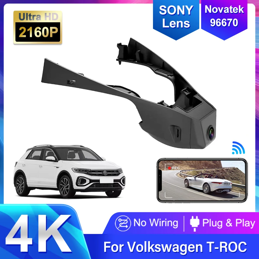 Фото Новый 4K Wi-Fi автомобильный видеорегистратор Plug and Play Dash Cam камера для Volkswagen VW T-Roc AC7 A11 2017 2018 2019 2020 2021 2022 №1