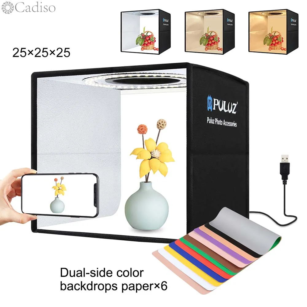 

Cadiso 25cm Softbox 3 Color Light Modes Lightbox Dimmable LED Ring Light Box Photo Lighting Studio Shooting Tent Kits Backdrops