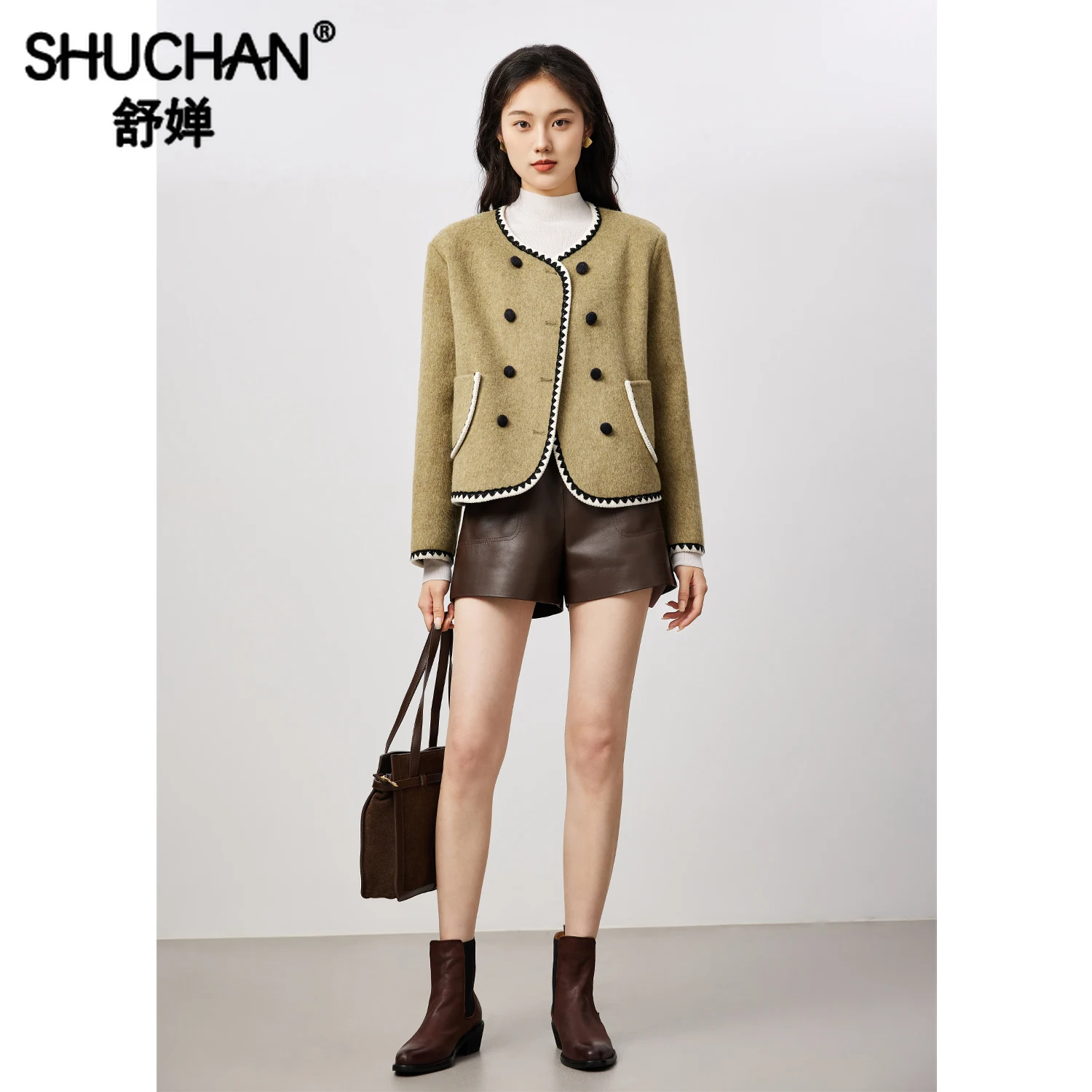 

SHUCHAN Wool Coat Abrigo Rojo Invierno Mujer High Street Embroidery Autumn/Winter Double Breasted Wide-waisted