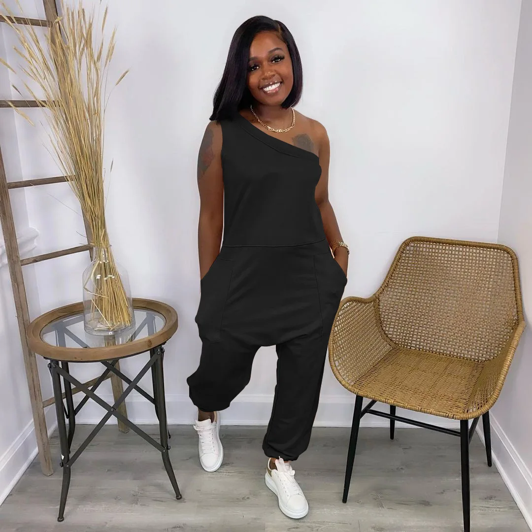 Casual Sleeveless Jumpsuit Womens Sexy One Shoulder Pocket Rompers 2022 Summer Solid Outfits Bodycon Workout Overalls