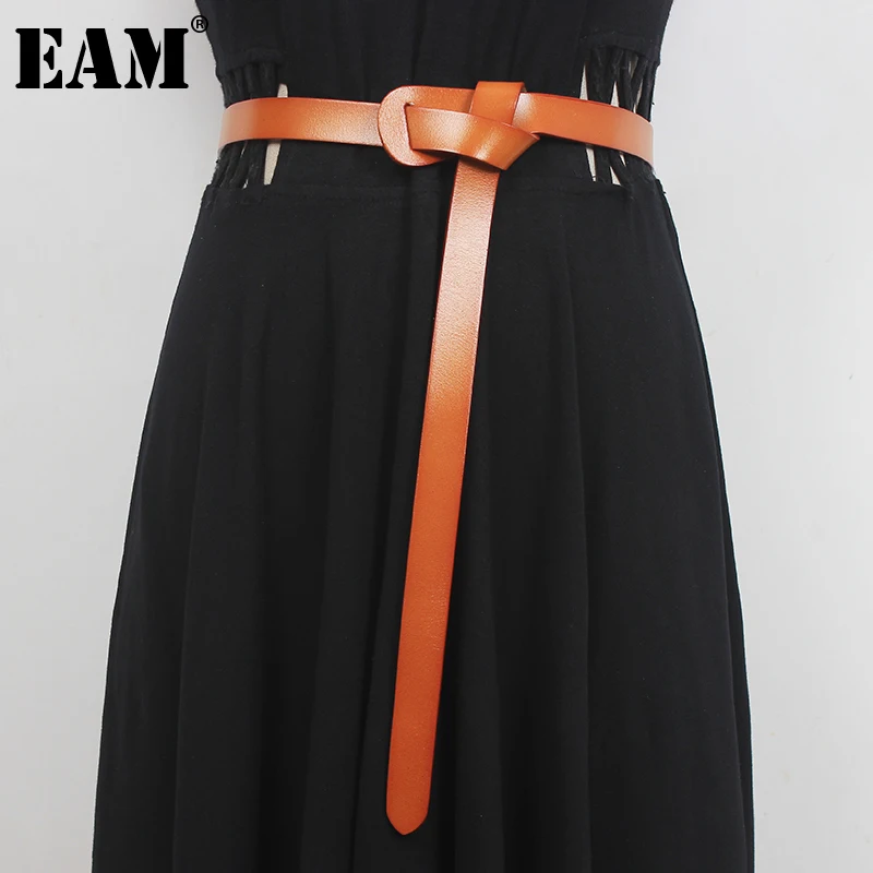 

[EAM] Pu Leather Brown Knot Buckle Long Wide Belt Personality Women New Fashion Tide All-match Spring Autumn 2023 1DE4245