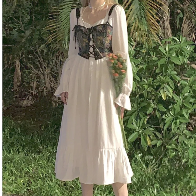 

Korean Princess Vintage Dress Women Autumn 2022 Patchwork Elegant Midi Dress Female Long Sleeve Party High Waist Casual Dress