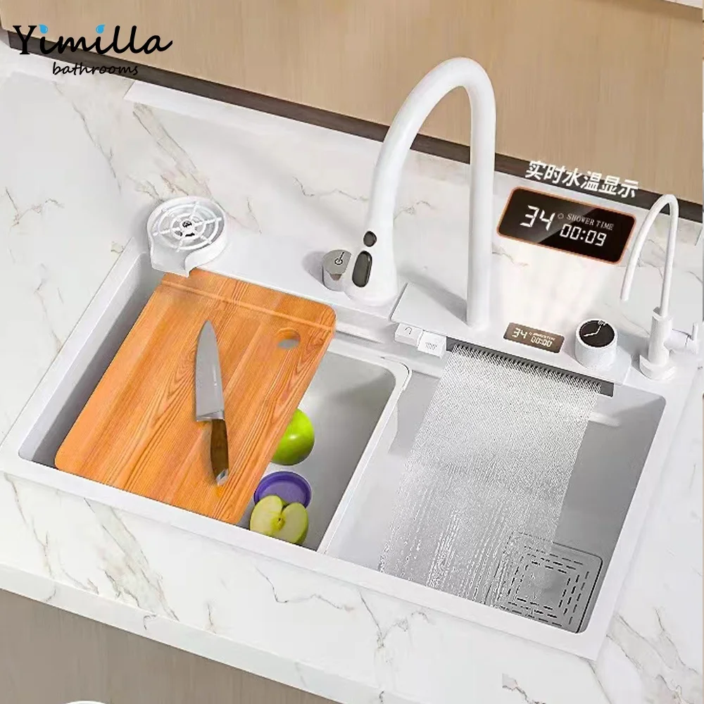

304 stainless steel hand made kitchen sink digital waterfall faucet kitchen sink white color sink kitchen