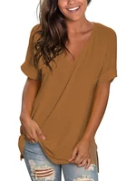 women v neck solid top 2022 new short sleeve loose t shirt summer fashion trend casual ladies sexy loose retro pullover tshirts