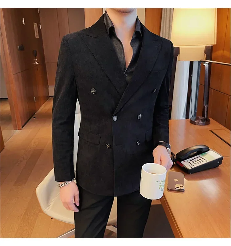 Мужской весенний двубортный деловой костюм/мужской облегающий вельветовый