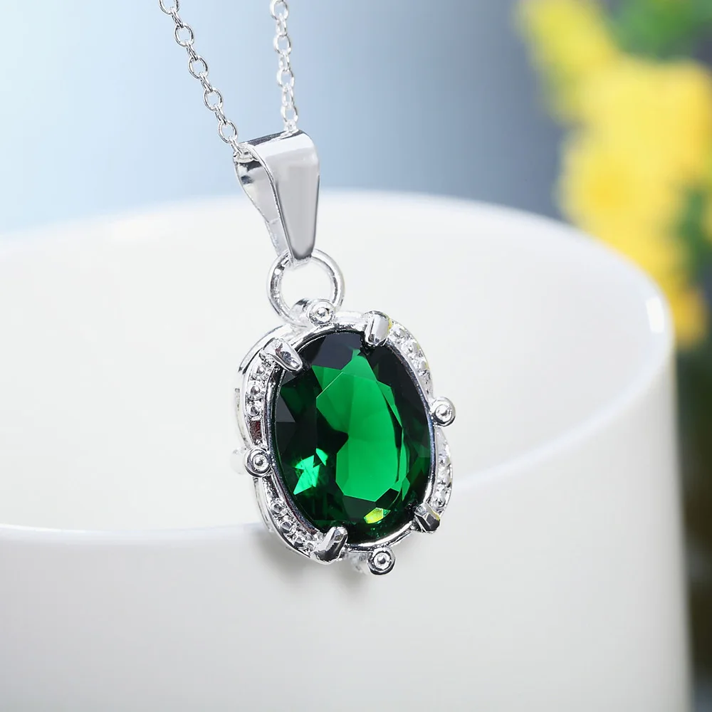 

Charms 925 Stamp silver necklace wedding Green crystal for women jewelry fashion cute pendant chain